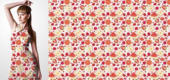 30017v Materiał ze wzorem malowane owoce (malina, wiśnia, truskawka, pomarańcza, jabłko, arbuz, róża)